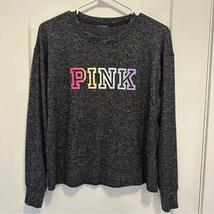 PINK Victoria’s Secret Black Heathered Long Sleeve T-shirt Neon Logo Size Small